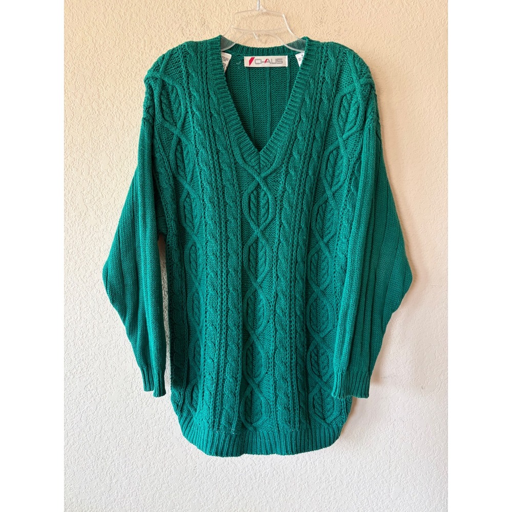 Vintage Chaus Kelly Green Cable Knit Sweater 80s V-Neck Ramie Cotton Blend S